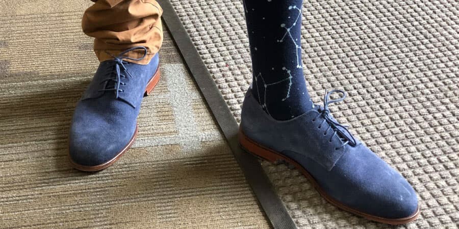 Blue Suede Shoes With Navy Blue Printed Socks